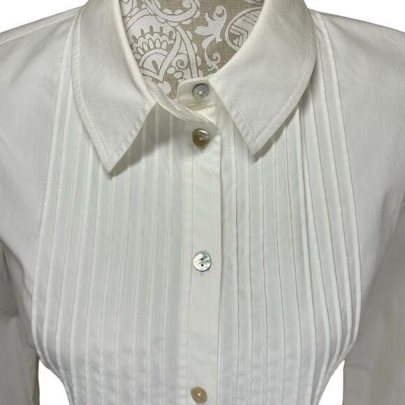 St. John White Button Up Down Pintuck 3/4 Sleeves Poplin Cotton Tunic Shirt Sz 4 - Picture 2 of 6